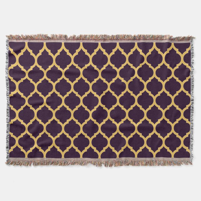 Couverture Motif Quatrefoil Marocain Violet Foncé et Beige (Devant)