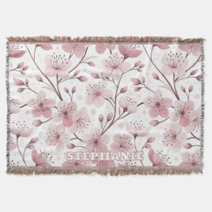 Couverture Motif Sakura en fleurs de cerises roses sur blanc