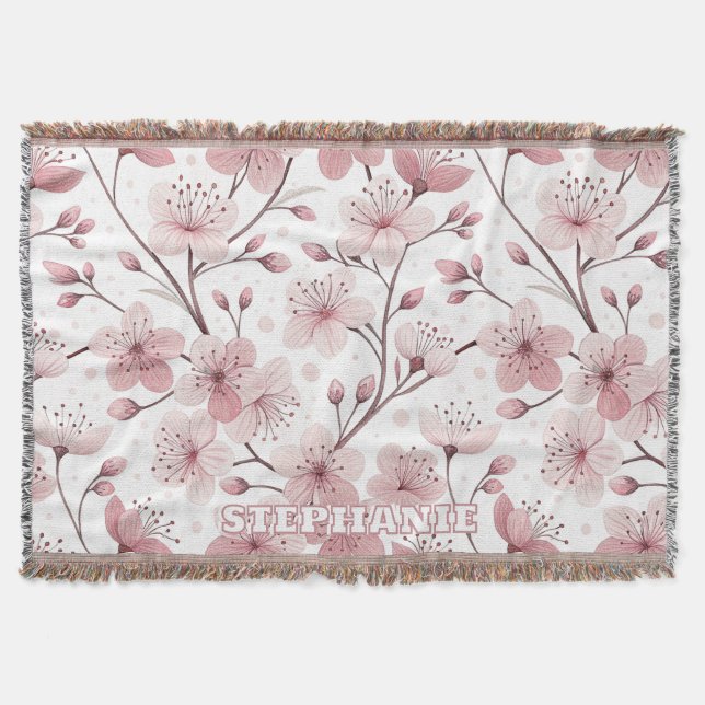 Couverture Motif Sakura en fleurs de cerises roses sur blanc  (Devant)