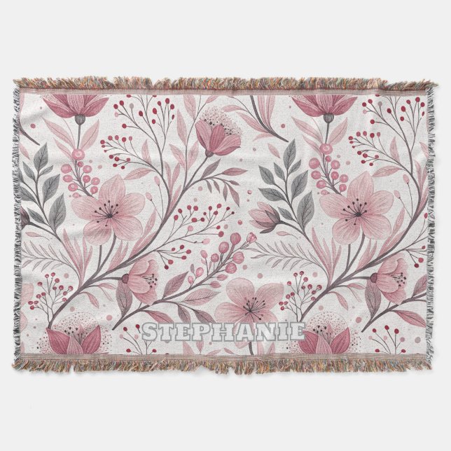Couverture Motif Sakura en fleurs de cerises roses sur blanc  (Devant)