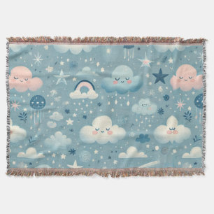 Couverture Motif Sky Whimsical avec nuages, étoiles - Bleu