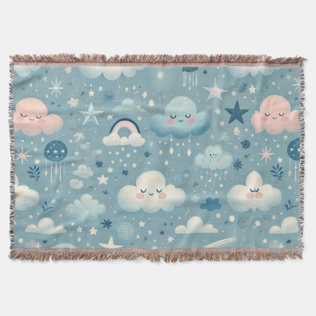 Couverture Motif Sky Whimsical avec nuages, étoiles - Bleu (Devant)