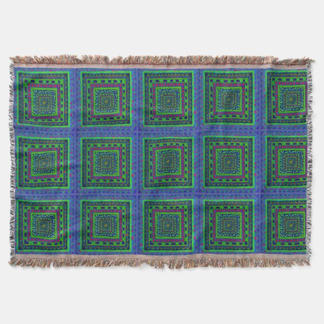 Couverture Motif tribal aztèque rouge vert-bleu de carrés de (Devant)