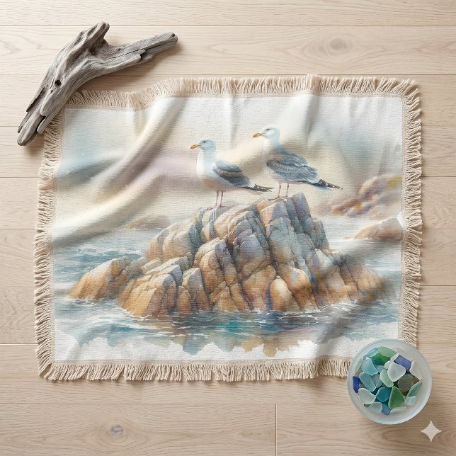 Couverture Mouettes côtières paysage marin à l'aquarelle (Coastal Seagulls Watercolor Seascape Throw Blanket)