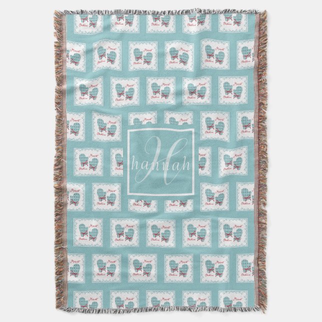 Couverture Moufle de Noël la plus joyeuse Monogramme Bleu Arc (devant Vertical)