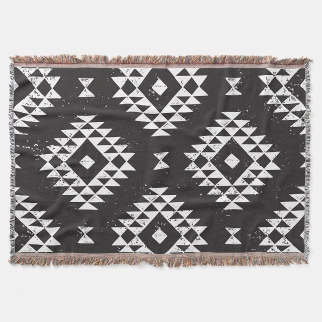 Couverture Navajo Géométrique : Tribal Blanc Noir. (Devant)