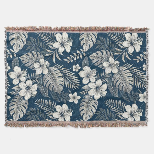 Couverture Navy Blue Hibiscus Monstera Tropical Botanical (Devant)