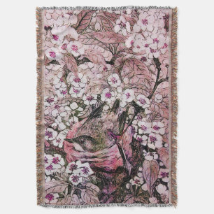 COUVERTURE NID D'OISEAU, ARBRE, FLEURS DE PRINTEMPS BLANC ROS