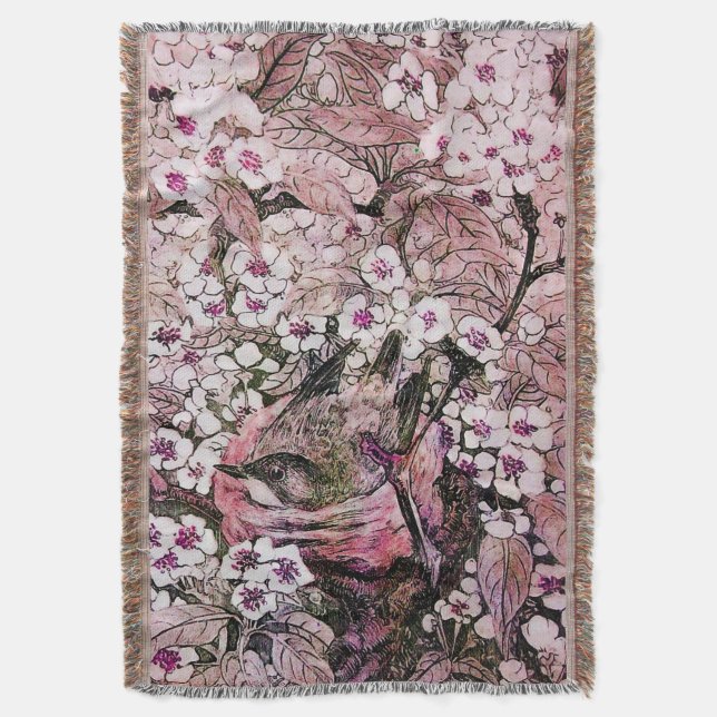 COUVERTURE NID D'OISEAU, ARBRE, FLEURS DE PRINTEMPS BLANC ROS (devant Vertical)