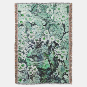 COUVERTURE NID D'OISEAU, ARBRE, FLEURS DE PRINTEMPS BLANC VER