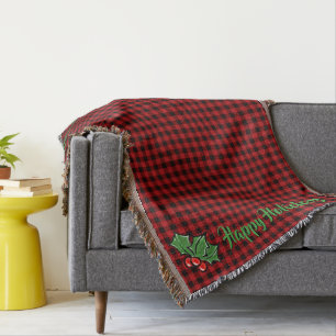 Couverture Noël classique Red Plaid Holly baies feuilles