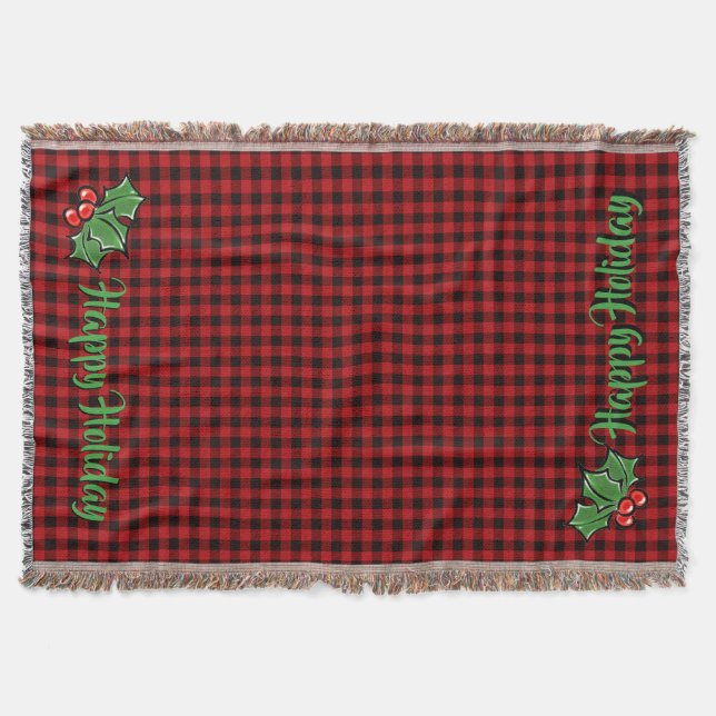 Couverture Noël classique Red Plaid Holly baies feuilles (Devant)
