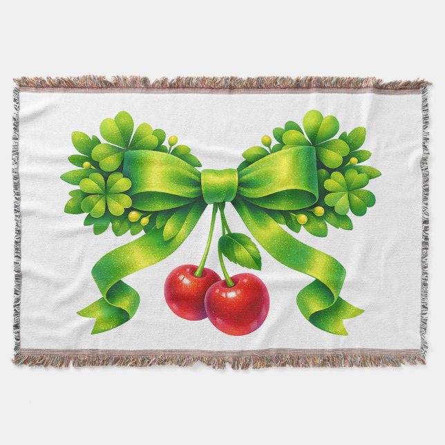 Couverture Nœud de trèfle chanceux avec cerises motif vert (Devant)