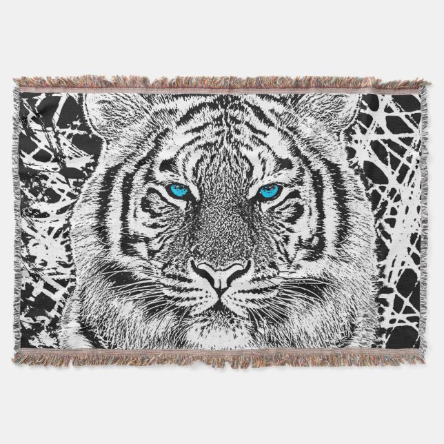Couverture Noir et Bleu Yeux Design Tiger (Devant)