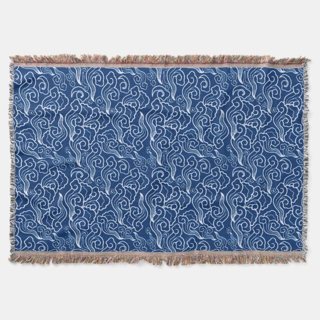 Couverture Nuages japonais vintages, bleu de cobalt et blanc (Devant)