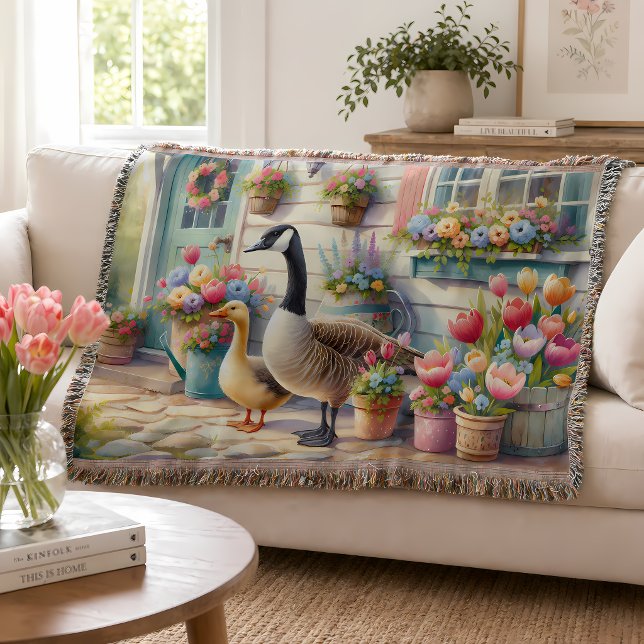 Couverture Oies de jardin de campagne illustrées au printemps (Cottage Garden Geese Spring Illustration Throw Blanket)