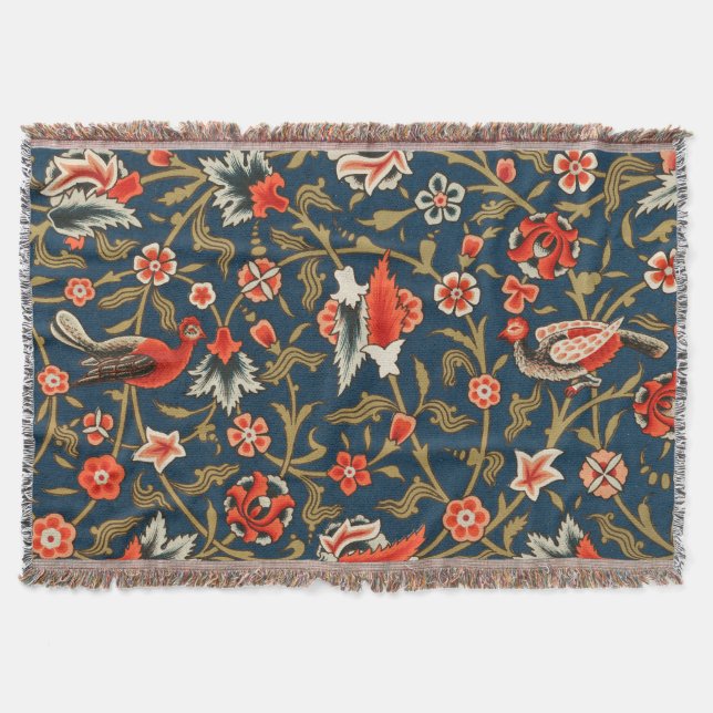 Couverture Oiseau et fleurs Perse Motif bleu rouge (Devant)