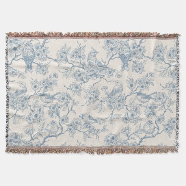 Couverture Oiseaux et fleurs de cerisier en bleu et blanc cas (Devant)