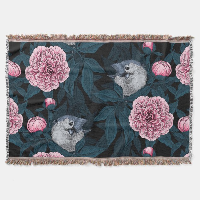 Couverture Oiseaux et fleurs de pivoines roses avec feuille (Devant)