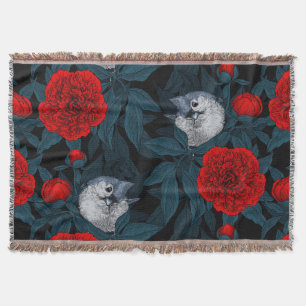 Couverture Oiseaux et fleurs de pivoines rouges avec feuilles
