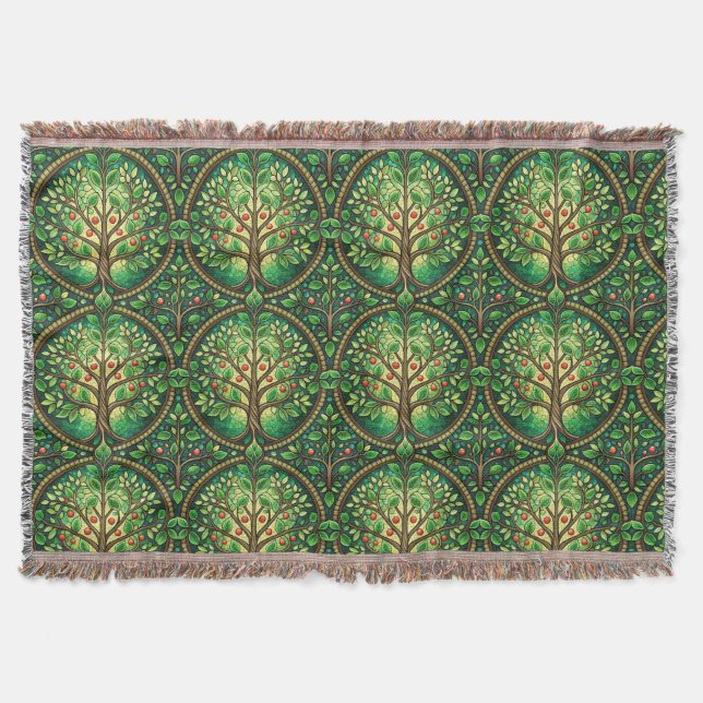 Couverture Ornate tree pattern in green and brown on a woven  (Devant)
