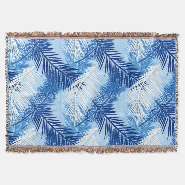 Couverture Palm Leaf Print, Cobalt, blanc et bleu ciel (Devant)