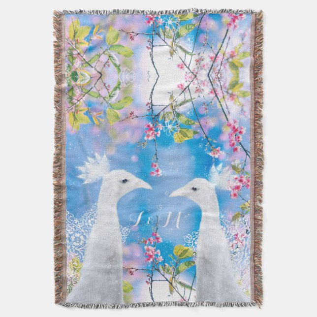 Couverture Paon blanc et sakura fleurie /personnalisable (devant Vertical)