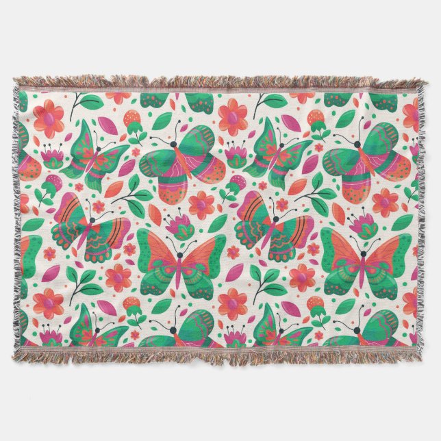 Couverture Papillons Élégants Fleurs Feuilles Pour Décoration (Devant)