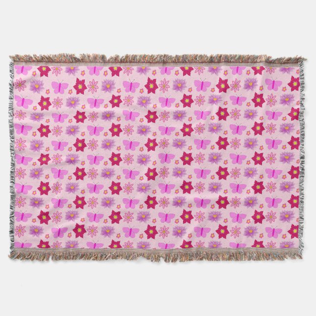 Couverture Papillons et fleurs roses pour bébé fille à motifs (Devant)