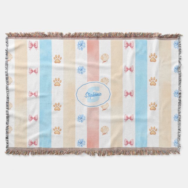 Couverture Pastel Stripe - Empreintes de pattes, Fleur Bleue, (Devant)