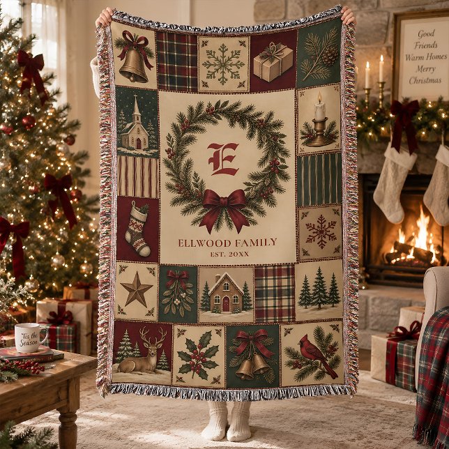 Couverture Patchwork de monogramme de famille de Noël personn (Créateur téléchargé)