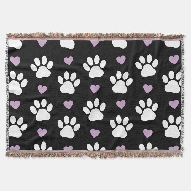 Couverture Paw Motif, Chien Paws, White Paws, Lilac Hearts (Devant)