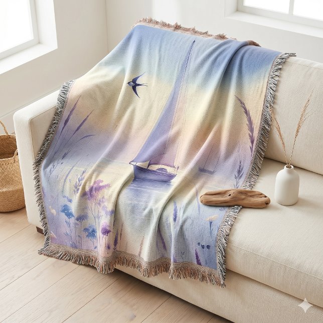 Couverture Paysage côtier onirique avec voilier pastel (Pastel Sailboat Coastal Dreamscape Throw Blanket)