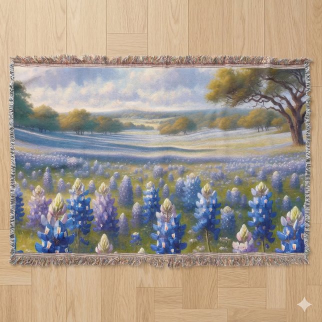 Couverture Paysage de prairie de bleuets du Texas (Texas Bluebonnet Meadow Landscape Throw Blanket Laid Flat)