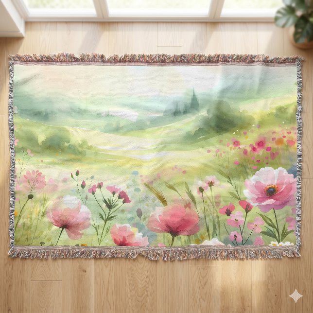 Couverture Paysage de prairie de fleurs sauvages pastel (Pastel Wildflower Meadow Landscape Throw Blanket)