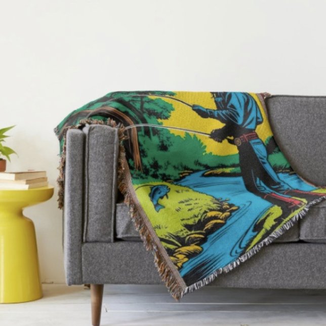 Couverture Pêcheur Cowboy sur la Rive du Fleuve  (Retro Cowboy Fishing Riverside Scene blanket - soft and colourful available  in 3 different sizes. )