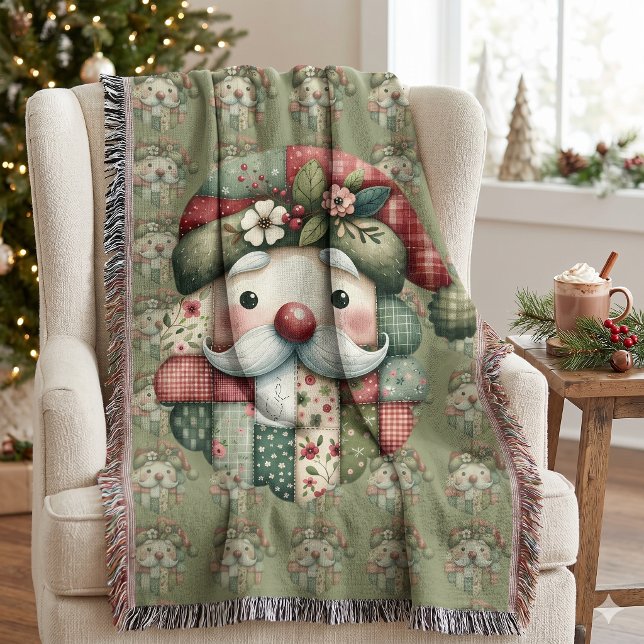 Couverture Père Noël Patchwork Fantaisiste Noël Folk (Whimsical Patchwork Santa Folk Christmas Throw Blanket)