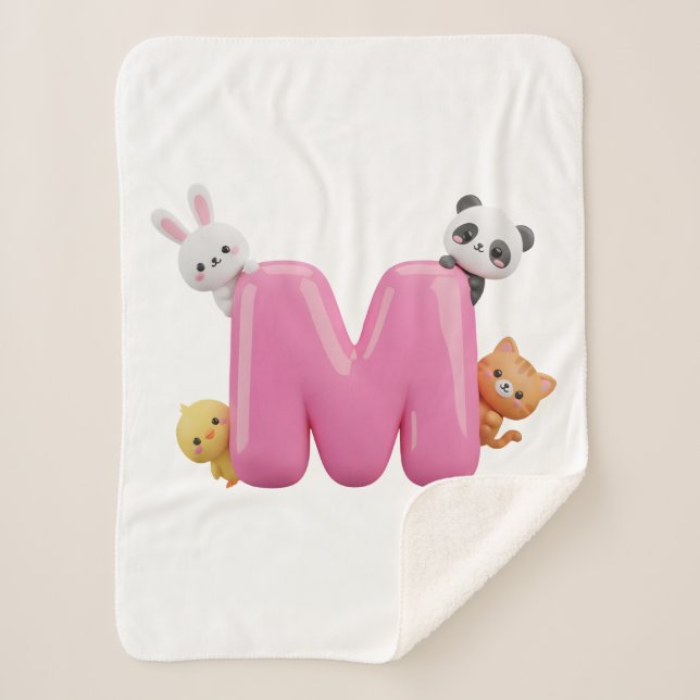 Couverture petite Sherpa rose avec lettre M en 3D  (Devant)