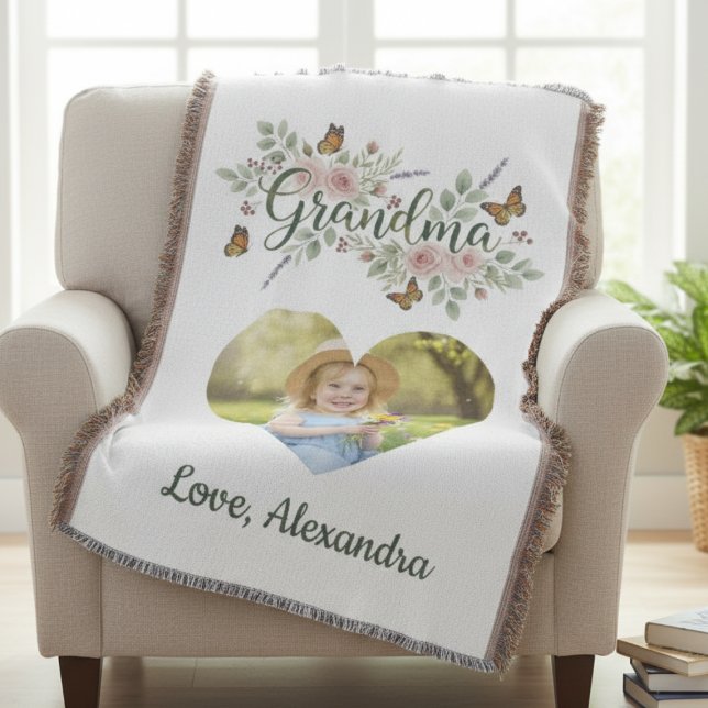 Couverture Photo botanique Grand-mère Wildflower Heart (Floral butterfly photo heart for grandma — a sweet birthday gift idea from the grandkids)