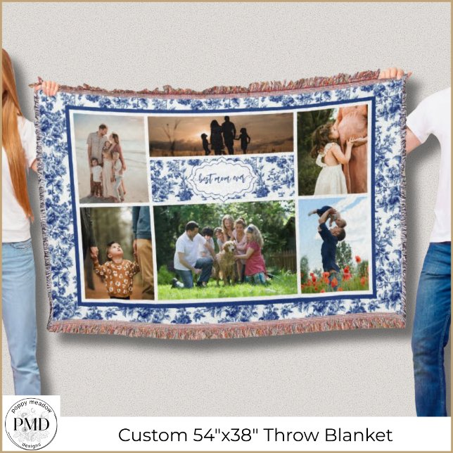 Couverture Photo Collage Meilleure Maman Jour Toile Bleu Vint (Photo Collage Best Mom Ever Vintage Blue Toile Throw Blanket with Six Photos, Optional Name Initial.)