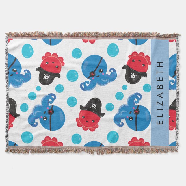 Couverture Pirate Octopus, Motif Octopus, Mer, Votre Nom (Devant)