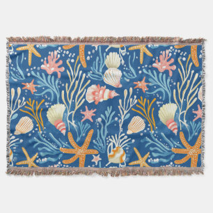 Couverture Plage Rétro Coquillages Orange Rose Jaune Bleu