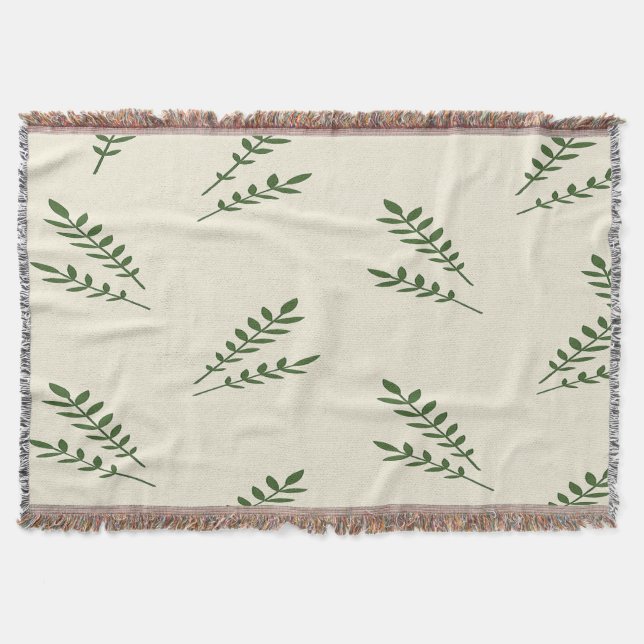 Couverture Plaid de jet crème et feuilles vertes (Devant)