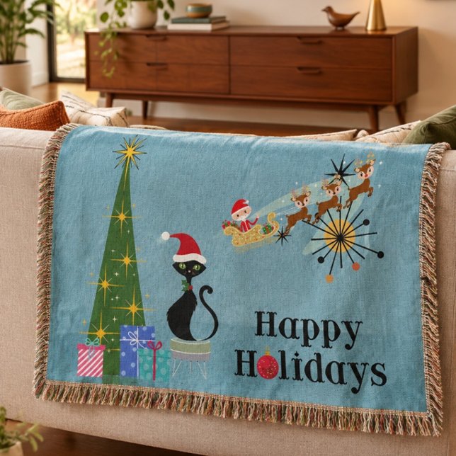 Couverture Plaid de jet en style milieu de siècle avec chat d (Créateur téléchargé)