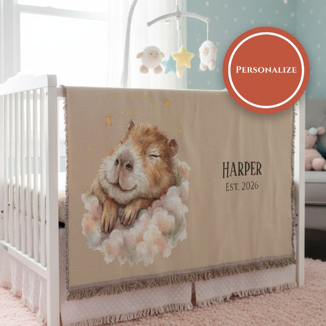 Couverture Plaid de Nursery Personnalisé • Capybara Endormi (Watercolor nursery blanket with sleepy capybara on clouds and stars on warm beige background)