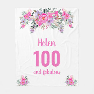 Couverture Polaire 100e anniversaire blanc fleuri rose