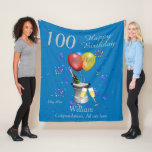 Couverture Polaire 100th Birthday Celebration Blue Fleece Blanket<br><div class="desc">A stylish milestone Happy birthday 100th age blanket. Features an ice bucket with a bottle, flute glasses, colorful balloons and confetti all on a blue background with silver colored text. Perfect as a gift to celebrate a 100th birthday, something that they can cherish and snuggle up with, Can be customize...</div>