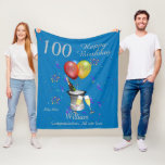 Couverture Polaire 100th Birthday Celebration Blue Fleece Blanket<br><div class="desc">A stylish milestone Happy birthday 100th age blanket. Features an ice bucket with a bottle, flute glasses, colorful balloons and confetti all on a blue background with silver colored text. Perfect as a gift to celebrate a 100th birthday, something that they can cherish and snuggle up with, Can be customize...</div>