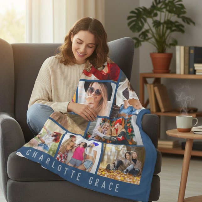 Couverture Polaire 10 Photo Simple Moderne Minimal Bleu Stylish Nom (Créateur téléchargé)