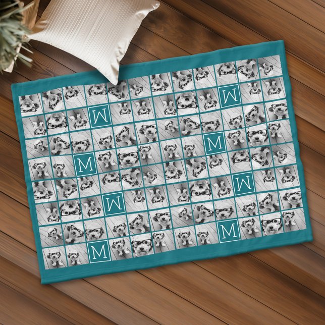 Couverture Polaire 11 Collage d'images avec Monogramme bleu personnal (Custom Fleece Blanket - Add Photos and Text)